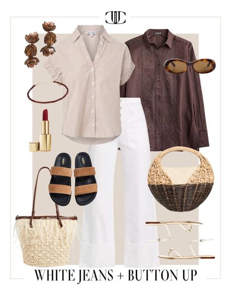 This easy looks include white denim and two different blouses depending on sleeve length you desire.  

White denim, blouse, button up, linen top, slides, sandals, summer look, summer outfit, easy outfit, casual outfit, elevated outfit, lipstick, top handle bag

#LTKshoecrush #LTKover40 #LTKstyletip