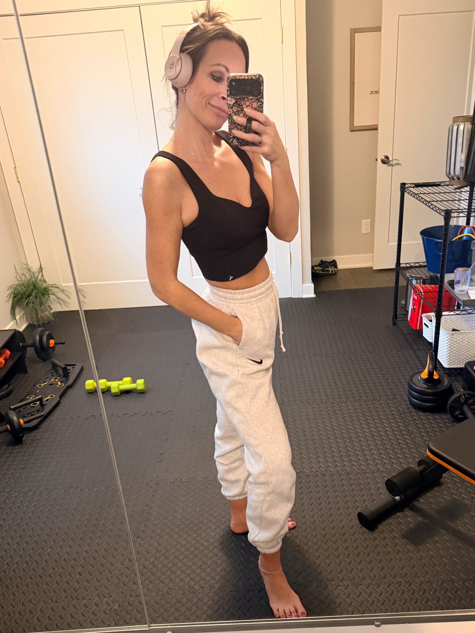 I love these sweats/ they’re high waist and super comfy…. This longline bra is my newest find and it is ribbed and looks so high end and feels so great on. Could also be worn as a crop top. 

#LTKOver40 #LTKActive #LTKmorningroutine