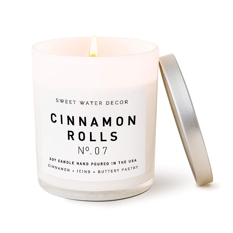 Sweet Water Decor Cinnamon Roll Scented Soy Wax Fall Candle for Home | 11oz White Glass Jar, 50 H... | Amazon (US)