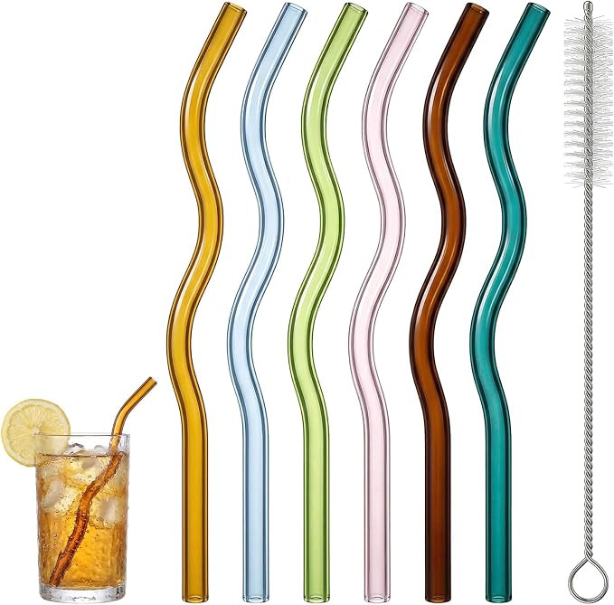 6 Pcs Wavy Glass Straws Cute, 7.8in × 8mm Reusable Colorful Glass Straws Shatter Resistant with ... | Amazon (US)