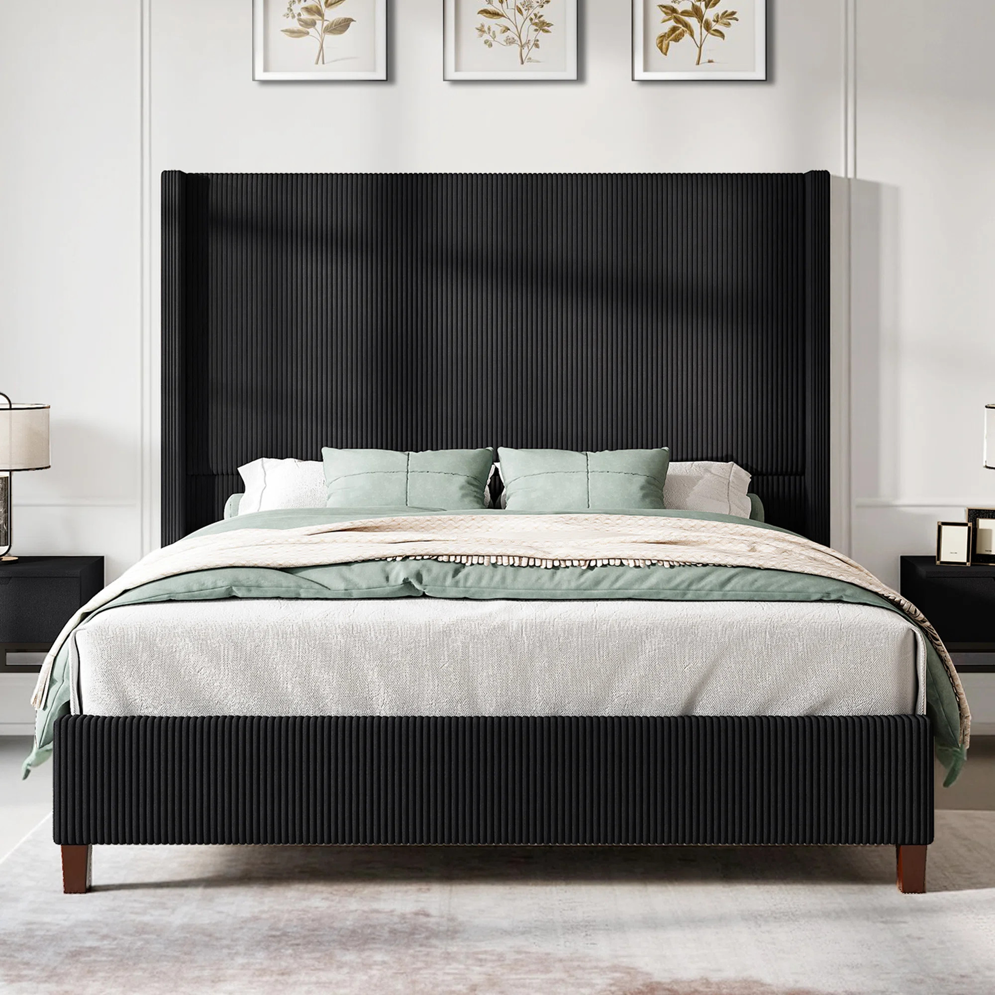 Dunwoody Upholstered Wingback King Size Platform Bed,Black | Wayfair North America