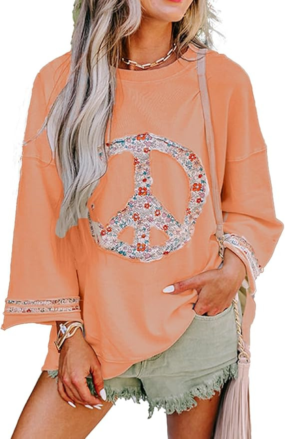 KevaMolly Womens Floral Peace Symbol Drop Shoulder Sweatshirt Oversize Crewneck Casual Pullover (... | Amazon (US)