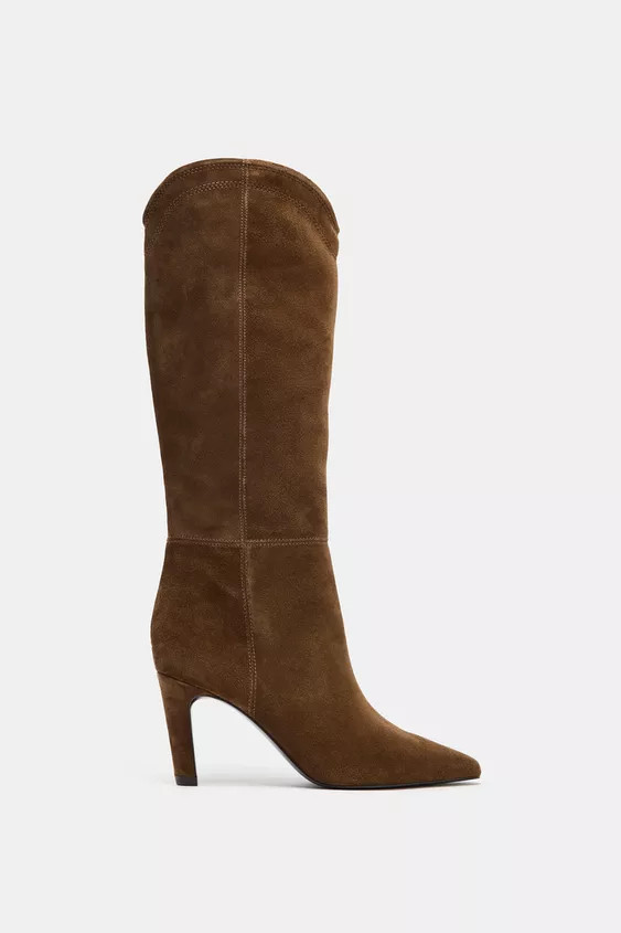 STITCHED SPLIT LEATHER HEELED BOOTS | Zara US