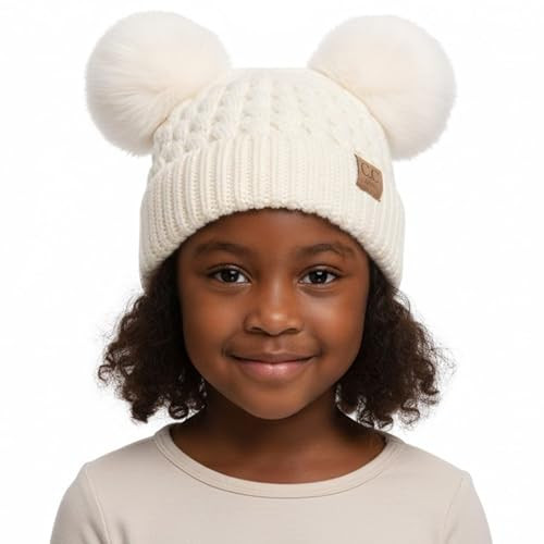 Funky Junque Toddler Double Pom Pom Beanie – Warm Knit Winter Hat for Girls Ages 1–6, Soft Kids Poms Beanies for Cold Weather - Ivory W/Ivory Poms | Amazon (US)