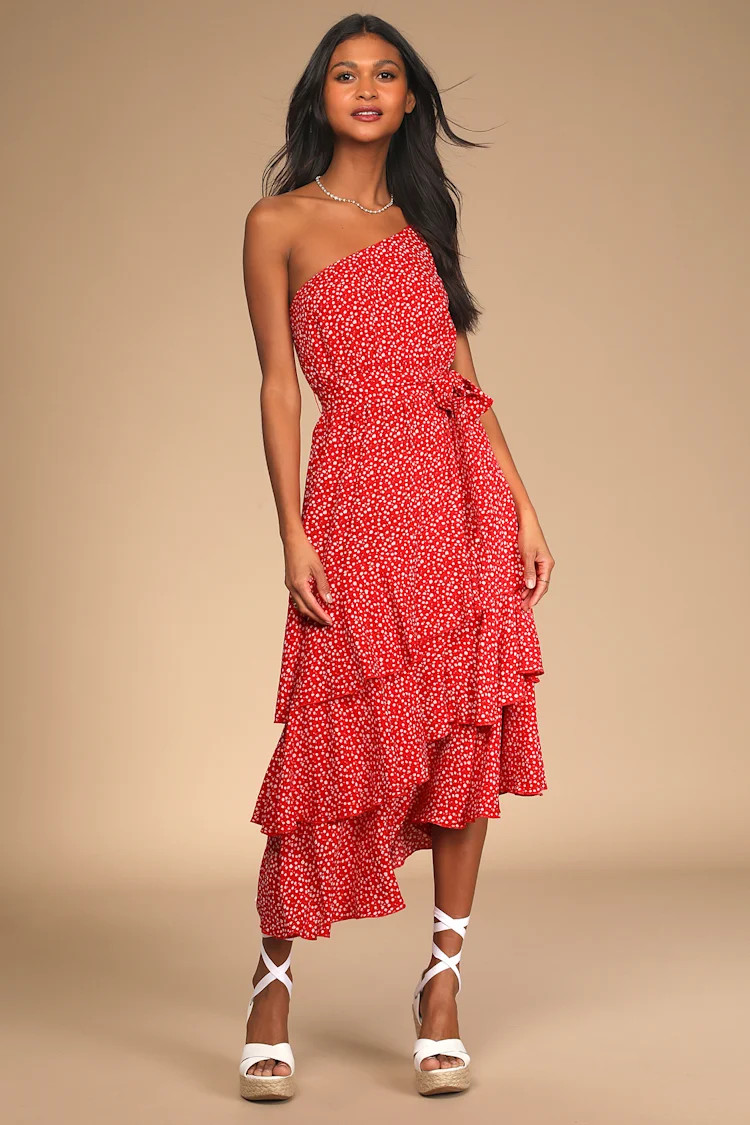 Slice of Sunshine Red Floral Print One-Shoulder Midi Dress | Lulus (US)