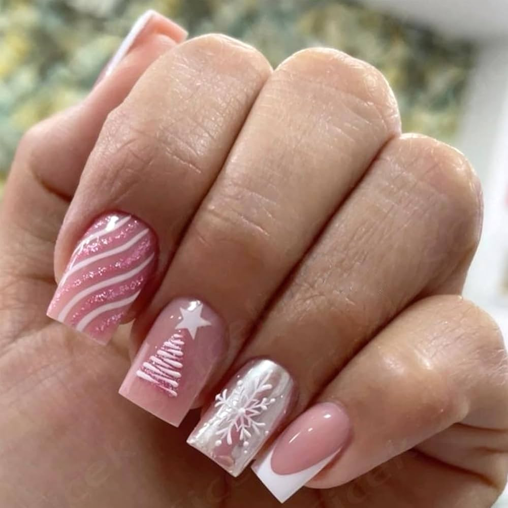 24Pcs Christmas Press on Nails Short Square Fake Nails White French Tip Nails with Snowflake Chri... | Amazon (US)