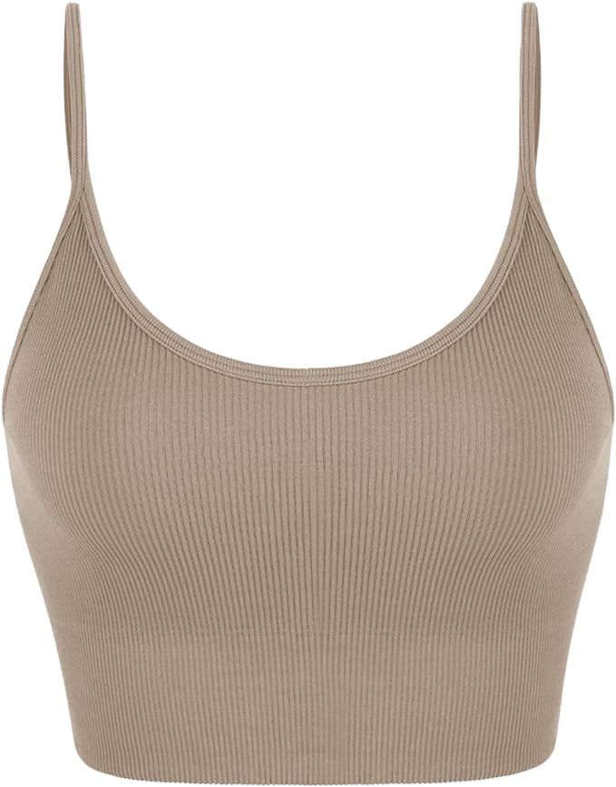 ODODOS 3-Pack Seamless Sports Bra for Women Ribbed Camisoles Wireless Yoga Bra Crop Tank Tops | Amazon (US)