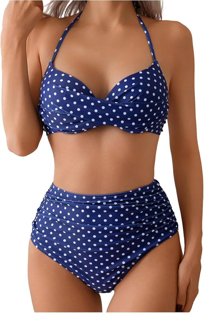 SweatyRocks Women's Polka Dots Bikini Sets Twist Front Ruched High Waisted Two Piece Swimsuit | Amazon (US)