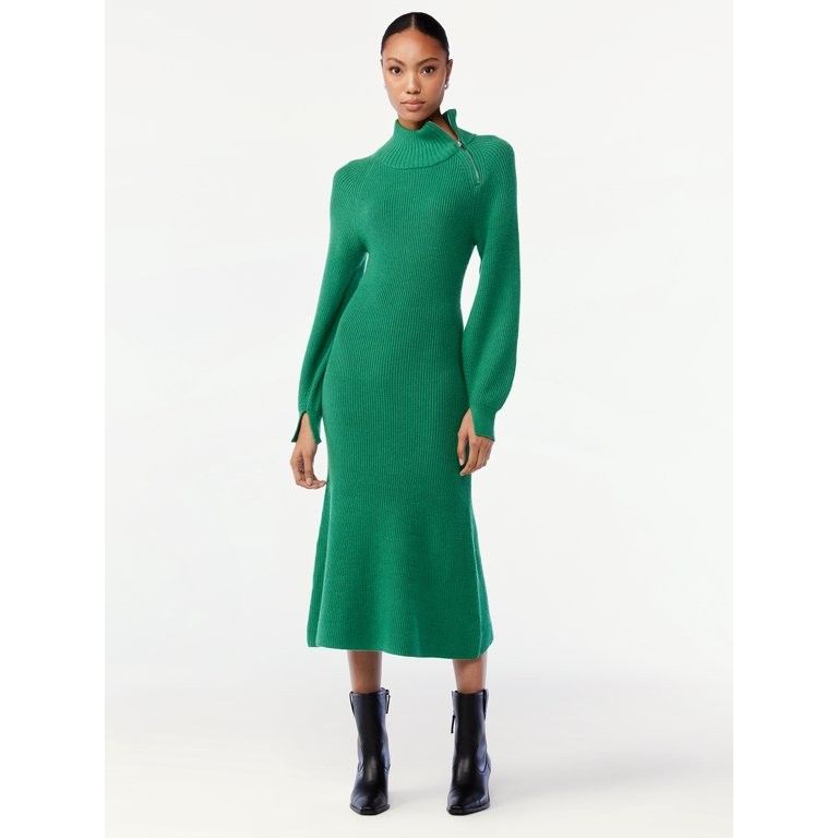 Scoop Women's Ribbed Sweater Dress with Zip Turtleneck - Walmart.com Labor Day Outfit, Fall Outfit  | Walmart (US)