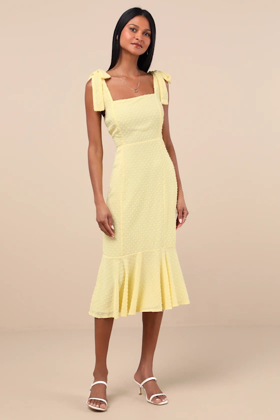 Bimini Light Yellow Swiss Dot Tie-Strap Midi Dress | Lulus