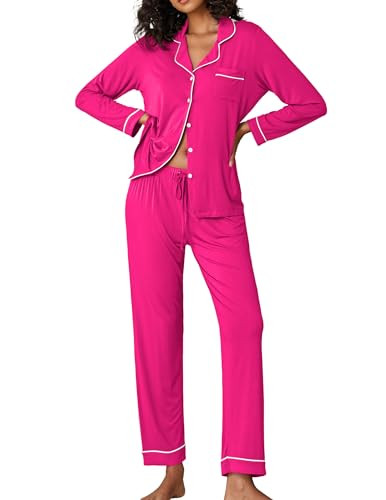 Ekouaer Pajamas Women's Long Sleeve Sleepwear Soft Button Down Loungewear Pjs Lounge Set Nightwear,Rose,XX-Large | Amazon (US)