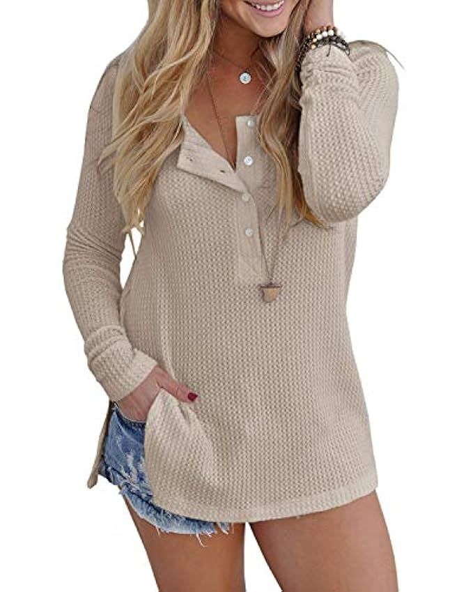 Inorin Womens Henley Shirts Fall Button Down Pullover Waffle Long Sleeve Loose Fit Jumper Tops | Amazon (US)