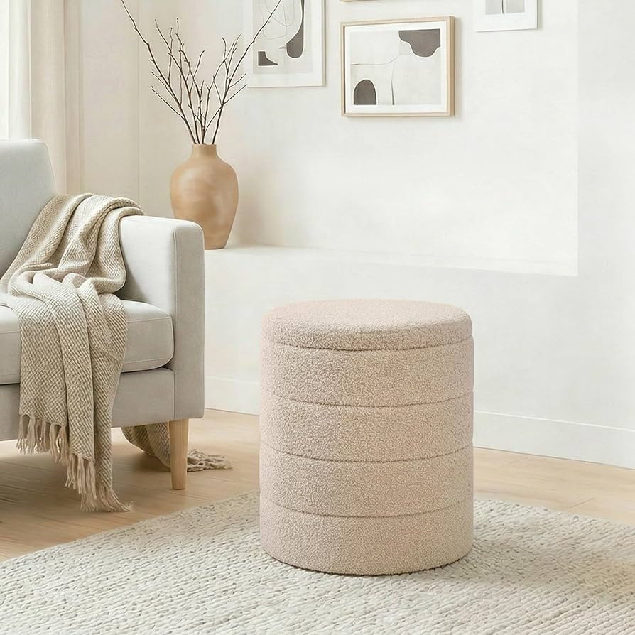 14.5" Round Storage Ottoman,Boucle Sherpa Ottoman with Tray, Faux Teddy Foot Rest Coffee Table fo... | Amazon (US)