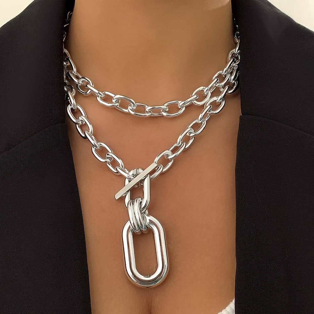 Rumtock 2pcs Silver Layered Chunky Chain Choker Necklace with Toggle Clasp Rectangle Oval Pendant... | Amazon (US)