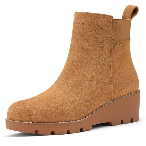 SUEDI Women's Chelsea Boots Wedge Boots for Women Ankle Booties Platform Slip On Boots Brown Size 9.5 | Amazon (US)