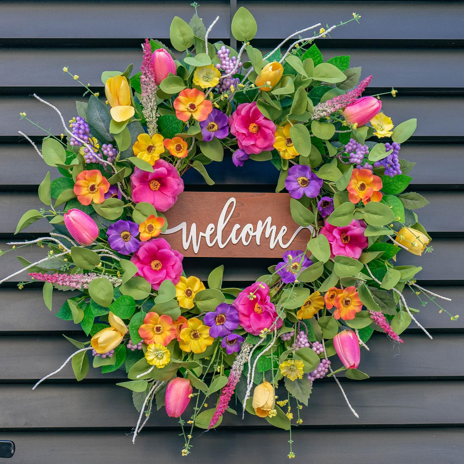 Spring Wreaths for Front Door Outside,24 Inch Summer Tulip Floral Wreath,Indoor Outdoor Green Euc... | Amazon (US)