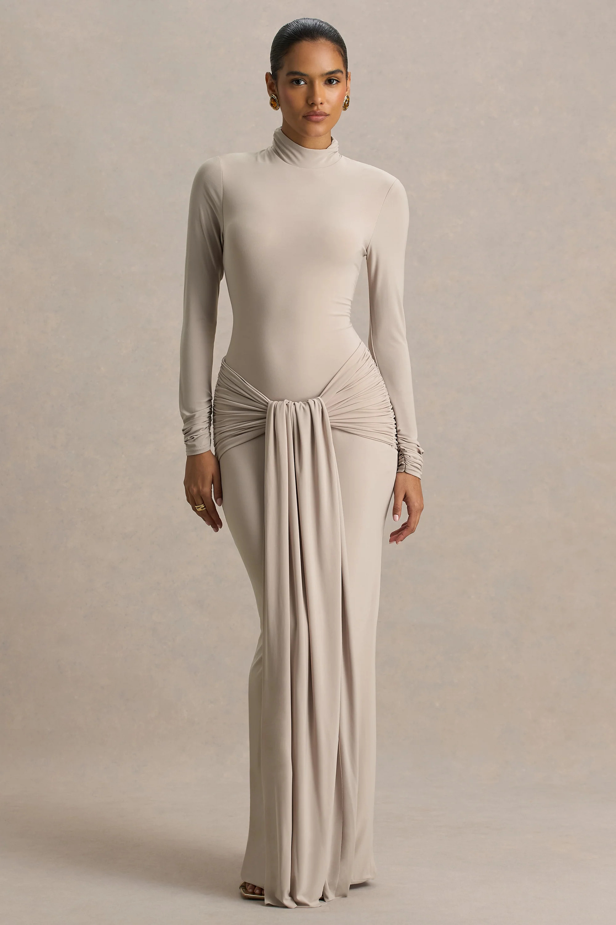 Myra  Champagne High-Neck Maxi Dress With Sash and Ruched Detailing | Club L London