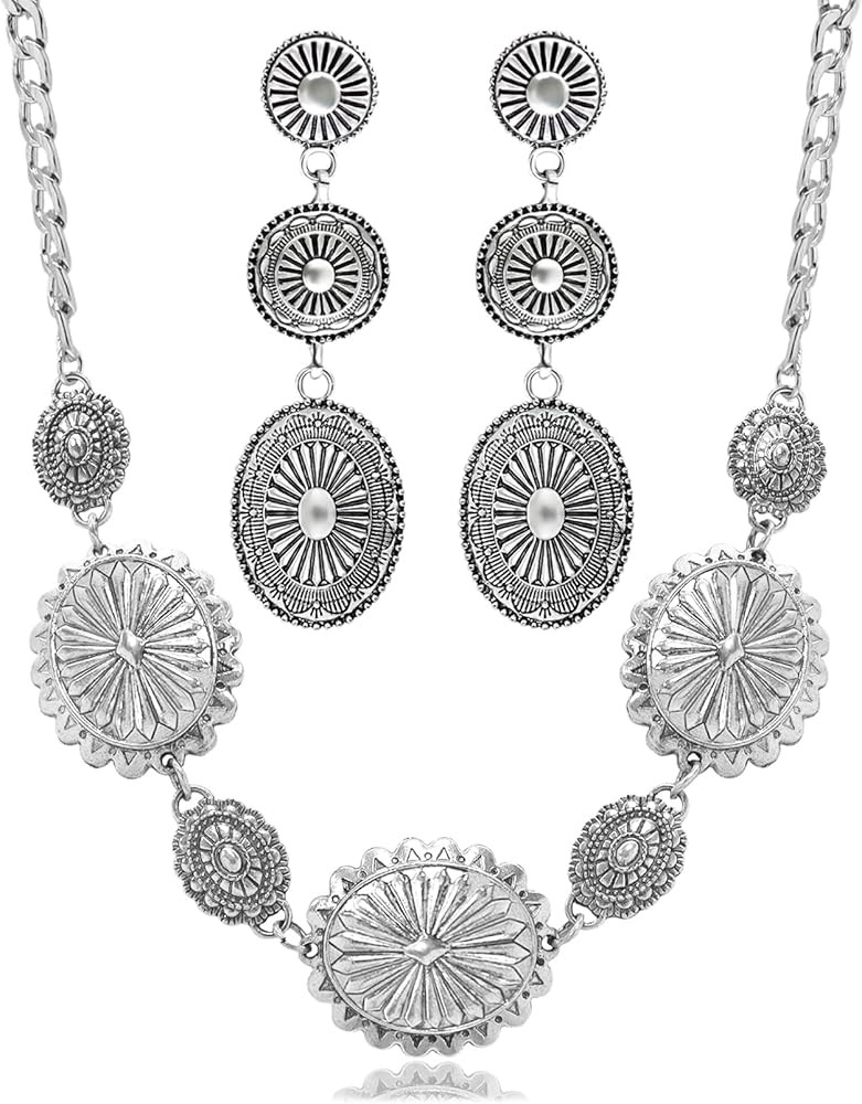 2 Pcs Concho Western Necklace Earrings Jewelry Set for Women Vintage Cowgirl Dangle Earrings Boho... | Amazon (US)