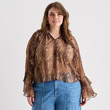 new!a.n.a Ruffle Womens Plus Y Neck Long Sleeve Blouse | JCPenney
