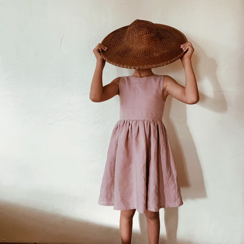 Linen girls dress sage green dusty pink . Minimalist dress. 100% linen musk pink. V-back. Linen g... | Etsy (US)