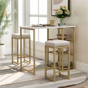 CRO Decor 3-piece Pub Set with Faux Marble Countertop and Bar Stools-White | Cymax