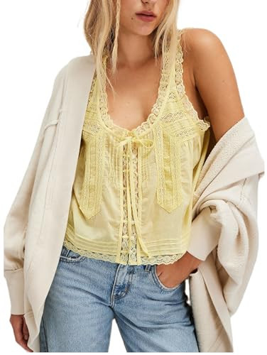 Summer Yellow Flowy Boho Tie Front Lace Trim Tank Tops Dupes Y2k Frilly Chiffon Peasant Blouse Beach Button Ruffled Tank Going Out Tops for Women | Amazon (US)