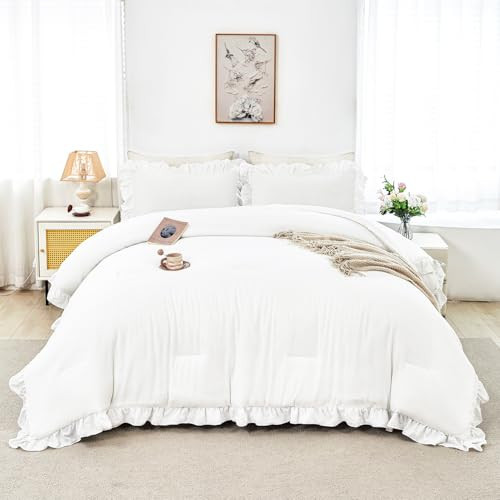 ANGIYUIN White Ruffle Comforter Set Twin 5 Pieces Ruffled Bed in A Bag with Sheets Soft Farmhouse Bedding Sets for Kids Girls Teens(White Twin) | Amazon (US)