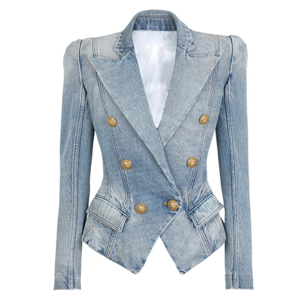 Women's Golden Buttons Fitted Denim Blazer Jacket Blue Blazer | Etsy (UK)