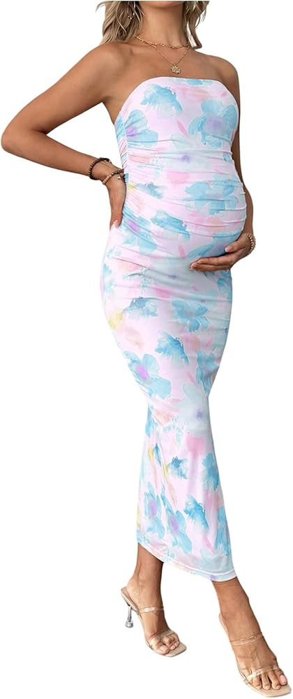 Floerns Women's Pregnancy Dress Floral Strapless Ruched Bodycon Slit Long Maternity Dresses | Amazon (US)