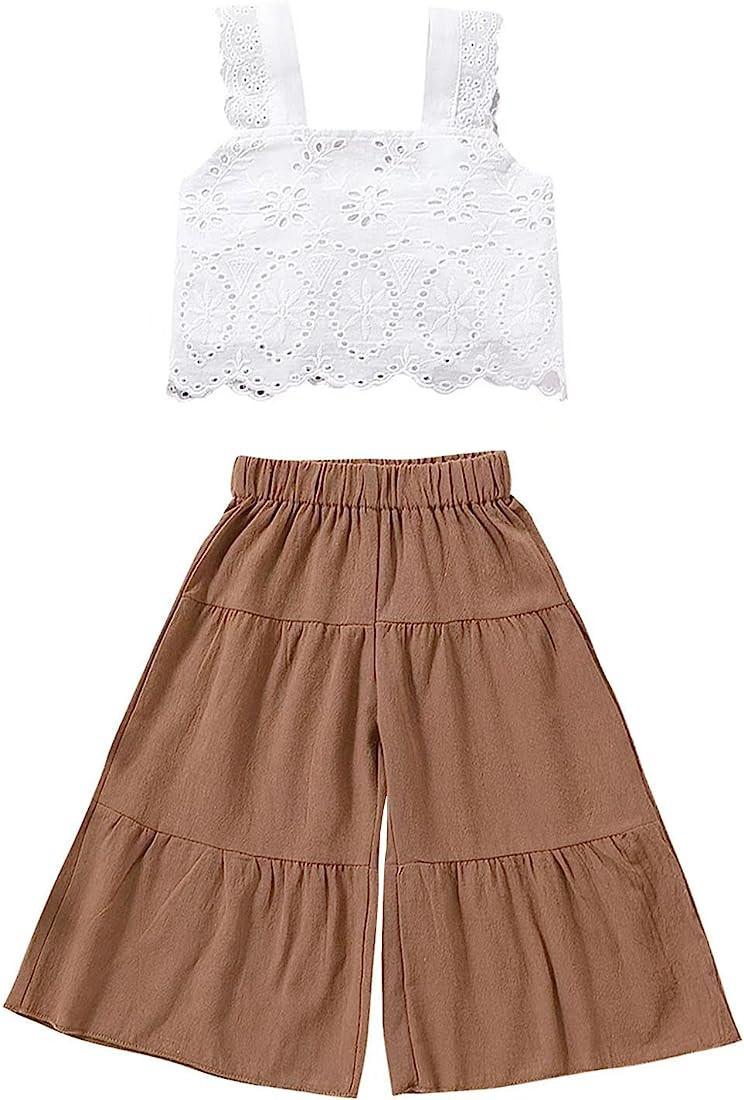 LXXIASHI 2PCS Baby Girl Sleeveless Strap Lace Crop Vest Tops + Flared Wide-Leg Pants Toddler Summ... | Amazon (US)