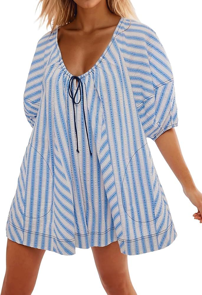 Women Striped Summer Dress with Pockets Casual Loose Puff Sleeve Mini Dress Adjustable V Neck Ove... | Amazon (US)