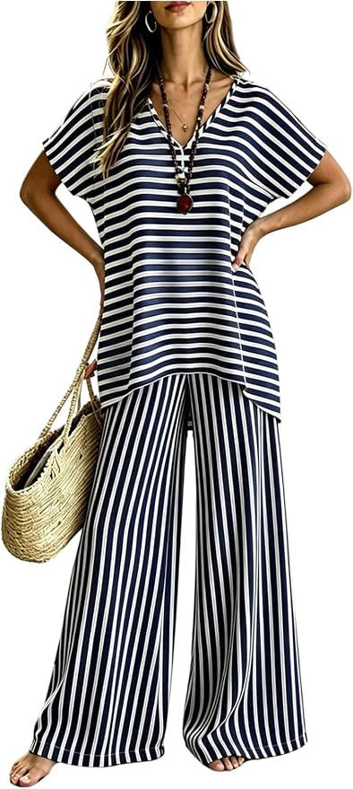 SweatyRocks Women's 2 Piece Vacation Outfits Striped Dolman Sleeve Oversized Top and Baggy Pants ... | Amazon (US)