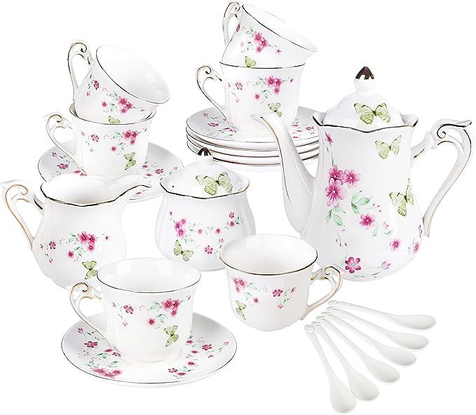 fanquare 21 Piece Porcelain Tea Set for Adults, Coffee Service for 6, White Tea Party Set with Pi... | Amazon (US)