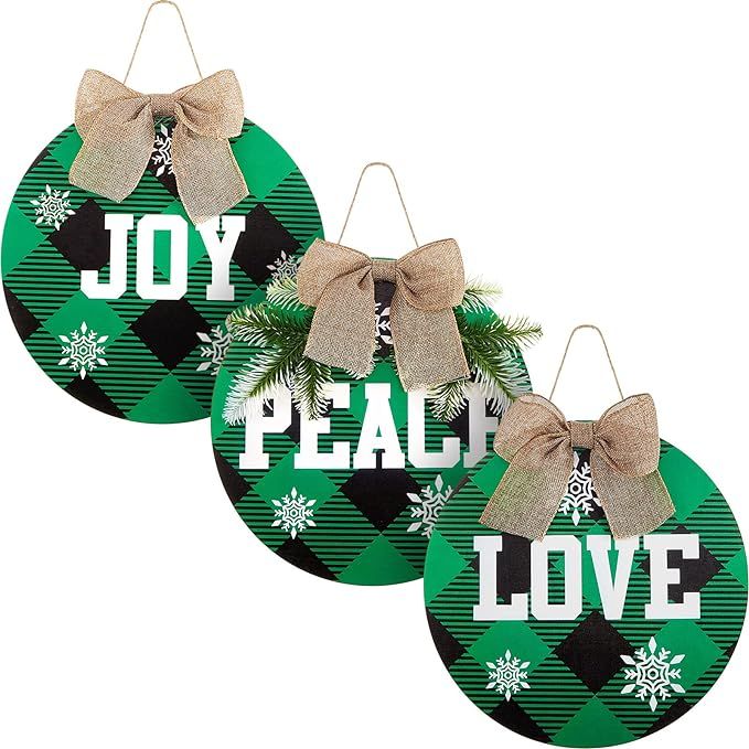3 Pieces Christmas Hanging Sign Decorations Peace Joy Love Sign Buffalo Check Plaid Wreath for Fr... | Amazon (US)