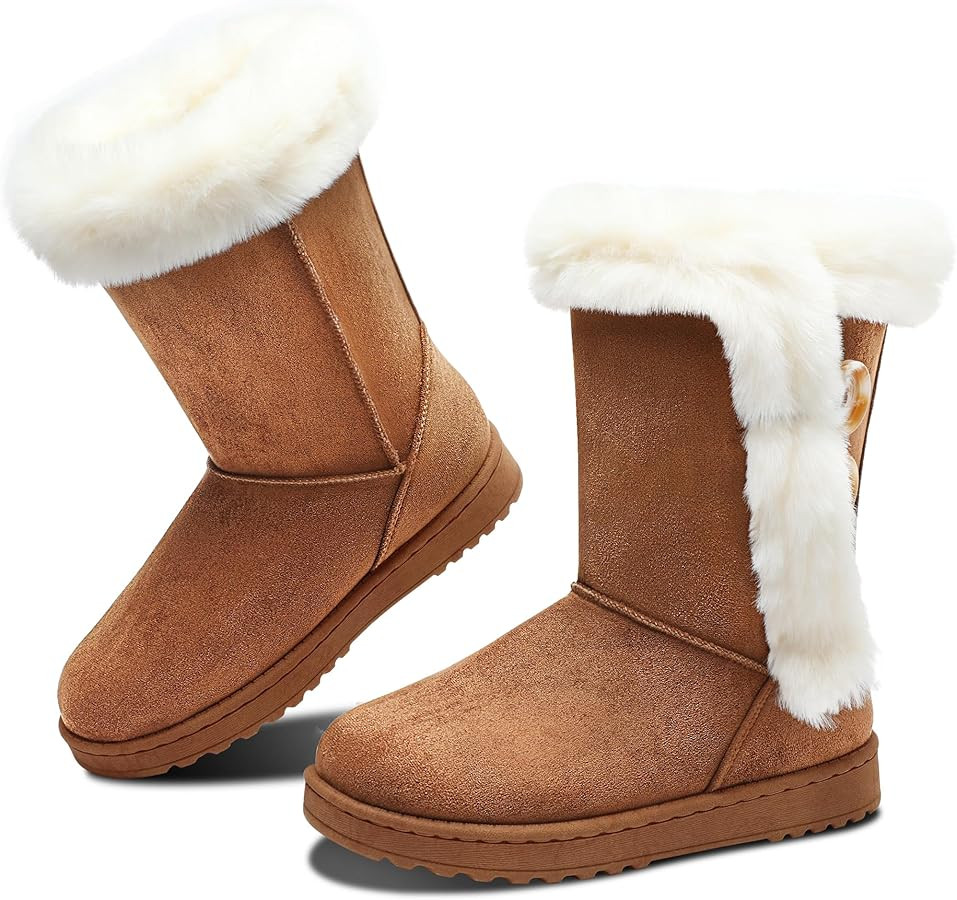 Obtaom Women’s winter snow boots Short Mid Calf fashion boot Art Resin button Faux Suede boots ... | Amazon (US)