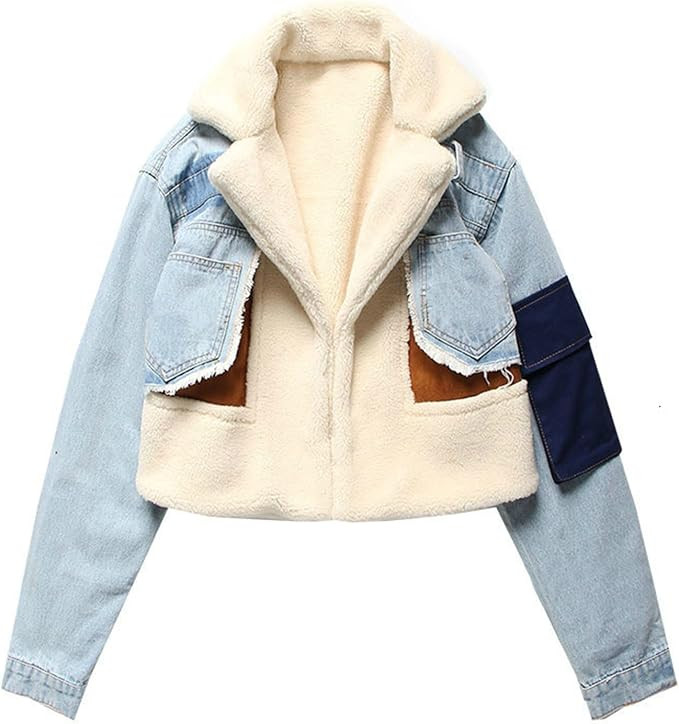 JEsilunmaMY Women's Patchwork Denim Jacket Long Sleeve Lapel Cardigan Coat Winter Fleece Thicken ... | Amazon (US)