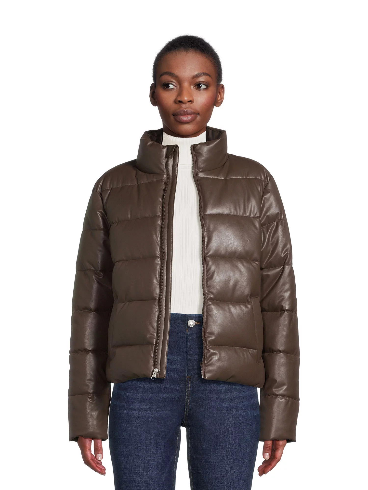 Time and Tru Women's Short Faux Leather Puffer Jacket, Sizes XS-3X | Walmart (US)