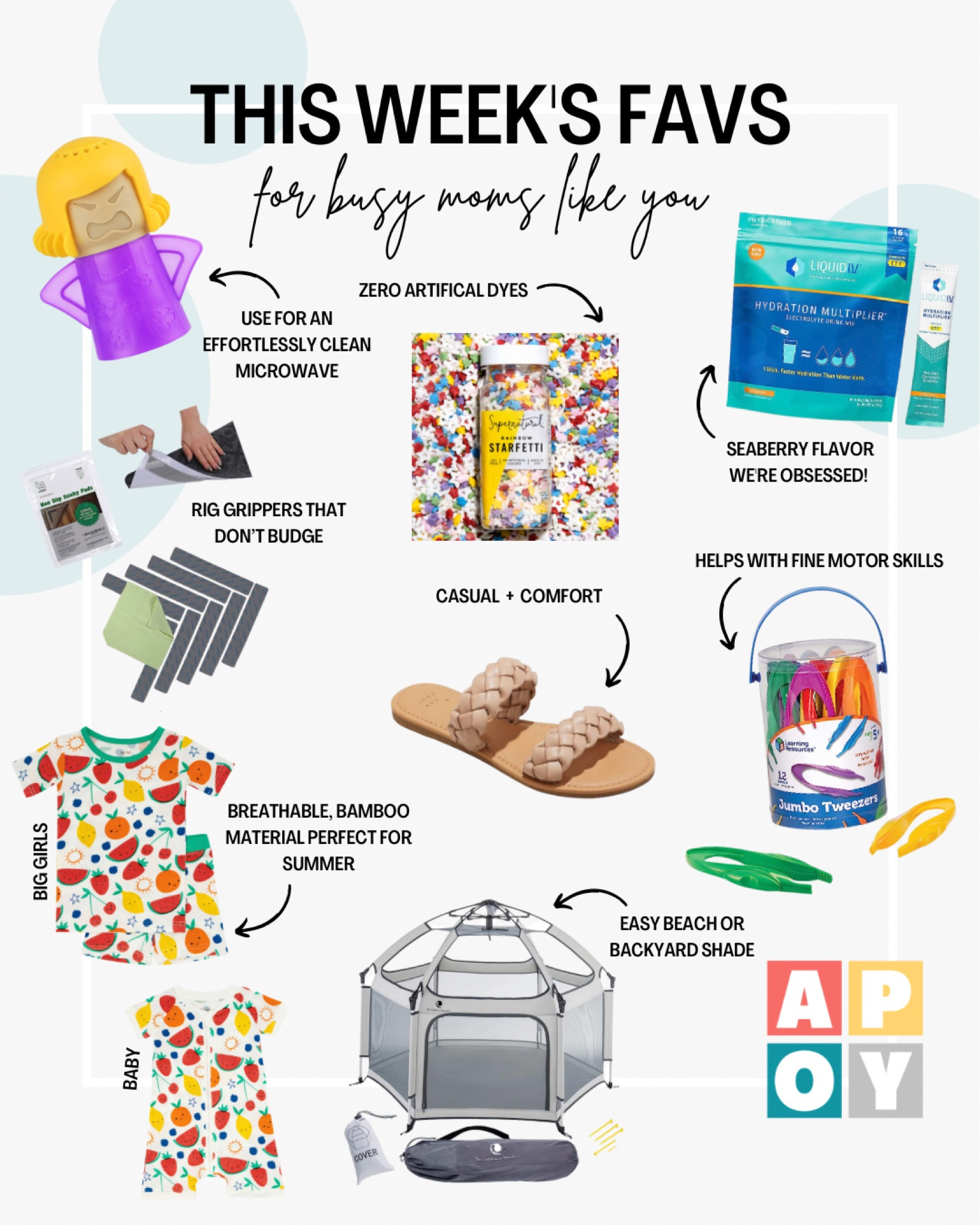 A round-up of this week’s favorites including the Angry Mama microwave cleaner, no-budge rug grippers, dye-free sprinkles, Liquid IV Seaberry hydration enhancer (obsessed! 👏🏼), and the girls’ favorite bamboo loungewear by Little Sleepies!

Also sharing our favorite jumbo tweezers for fine motor practice, the California Beach Co. Pop ‘n Go playpen which allows you to bring shade for your kids wherever you go, and my new favorite mom sandals from Target!

#LTKfamily #LTKhome #LTKFind