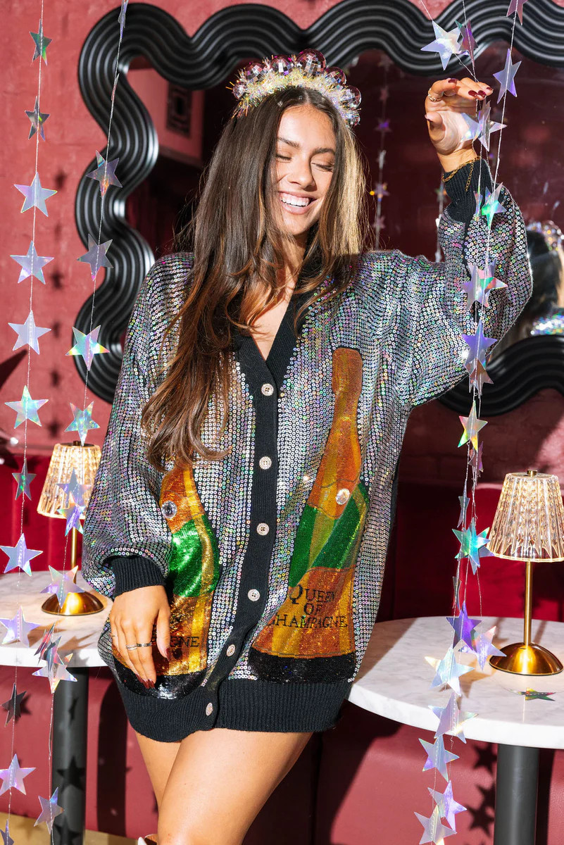 Black & Silver Full Sequin Queen of Champagne Cardigan Dress | Queen of Sparkles
