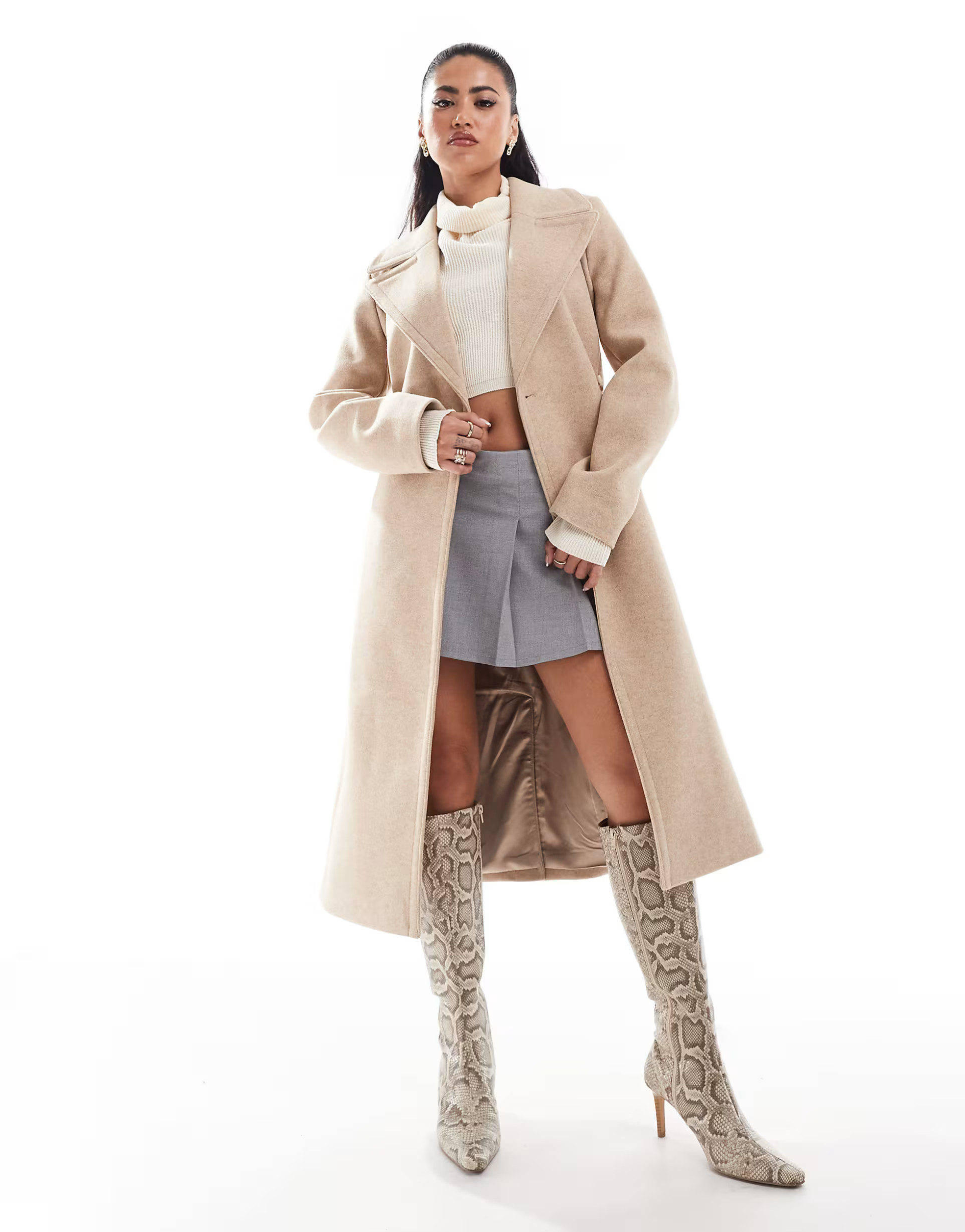 Forever New formal wrap coat in warm oatmeal | ASOS (Global)