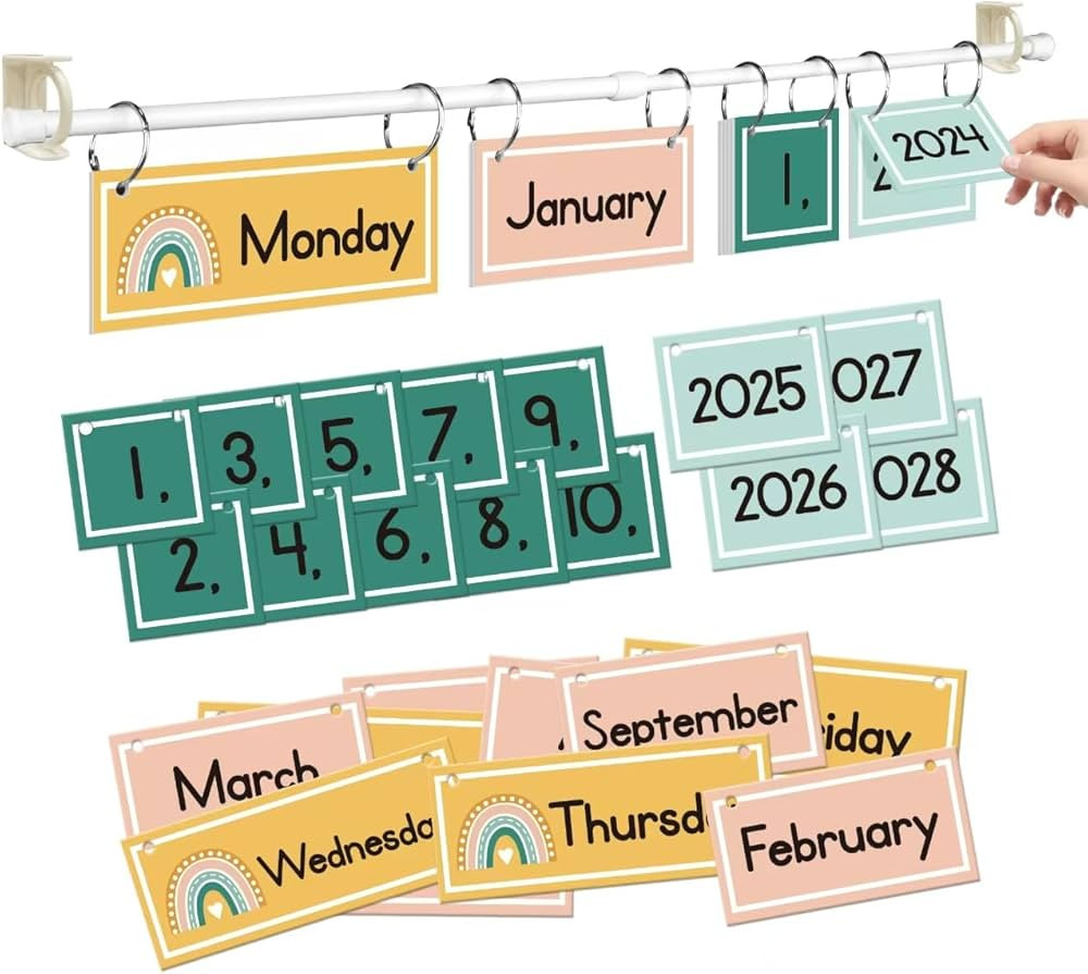 EAMAY Classroom Boho Rainbow Flip Calendar Chart Set wtih 55 Cards and Hanging Rod, Colorful Clas... | Amazon (US)