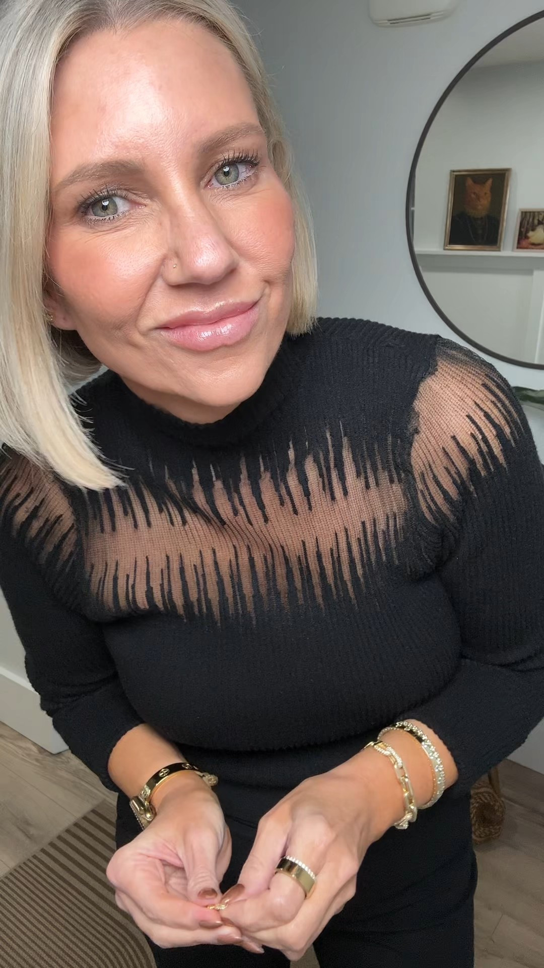 Let’s get ready for our Anniversary Date Night!! 

This mock neck sweater is absolutely stunning with the mesh details. I’m wearing a large. I’ve also machine washed and dried with no issues. 

These Scuba Straight Leg pants from Quince are such a find. I’m kinda obsessed with them. Sadly they’re discontinuing them. But there are some sizes left. They’re also available in Navy. I’m wearing an 8. 
Side note the scuba material perfectly matches the Scuba Blazers from Quince! 

I’ll link everything else below! 

Date night outfit, all black, fall fashion,  

#LTKFindsUnder100 #LTKOver40 #LTKStyleTip