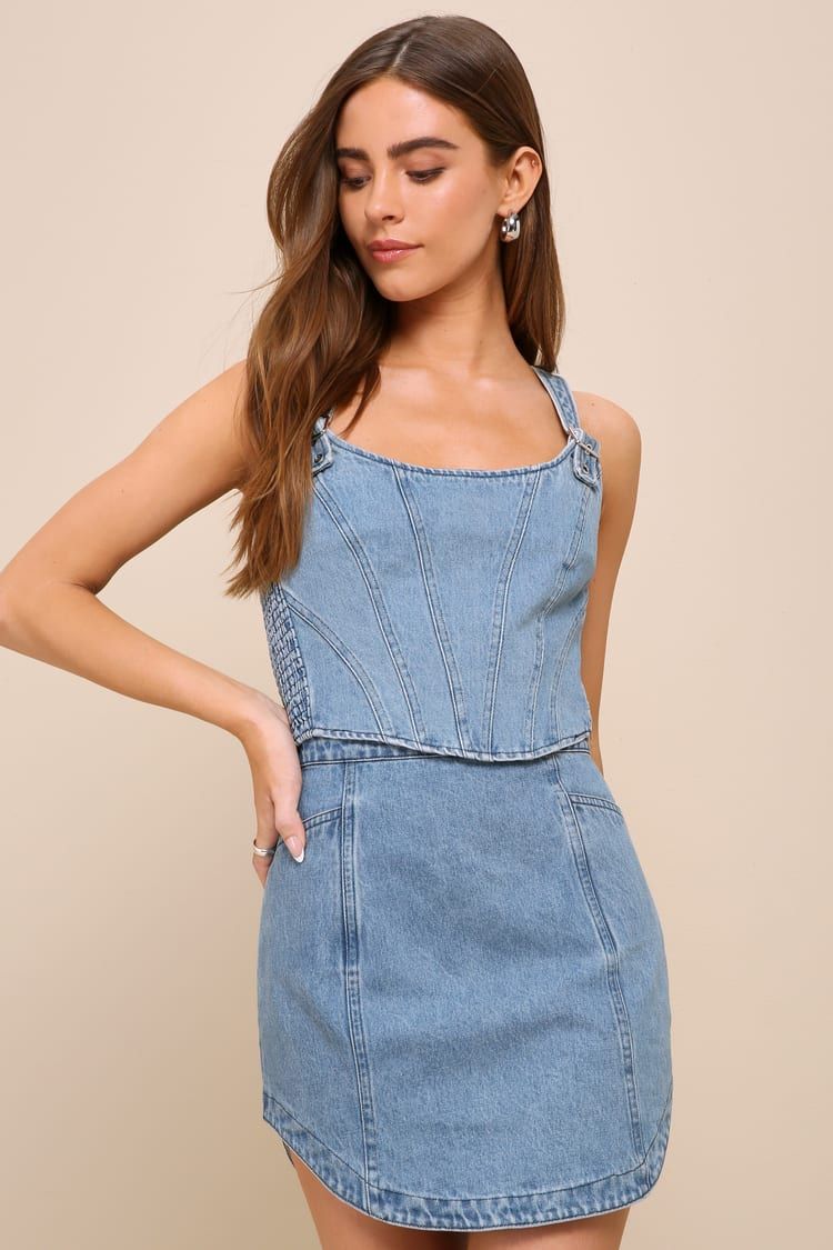 Flirty Cutie Medium Wash Bustier Two-Piece Denim Mini Dress | Lulus