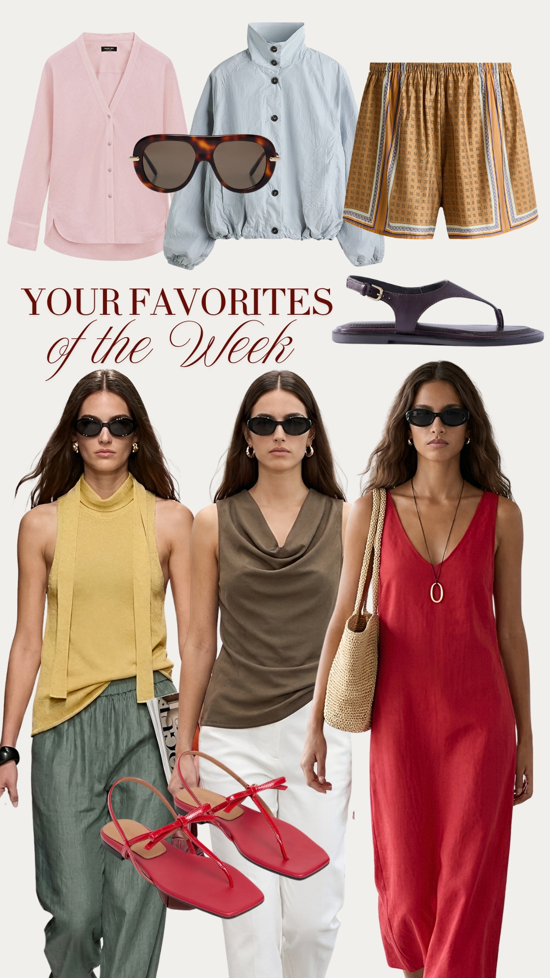 BESTSELLERS OF THE WEEK ✨ Your most loved summer pieces of the week ✨ TAGS: pink summer shirt, light blue summer jacket, camel shorts, brown aviator sunglasses, red sandals Flattered, burgundy summer sandals, yellow linen top, white trousers, sage linen trousers Massimo Dutti, red linen dress Massimo Dutti, neutral top Massimo Dutti 

 #LTKsummer #LTKdresses #LTKshoes