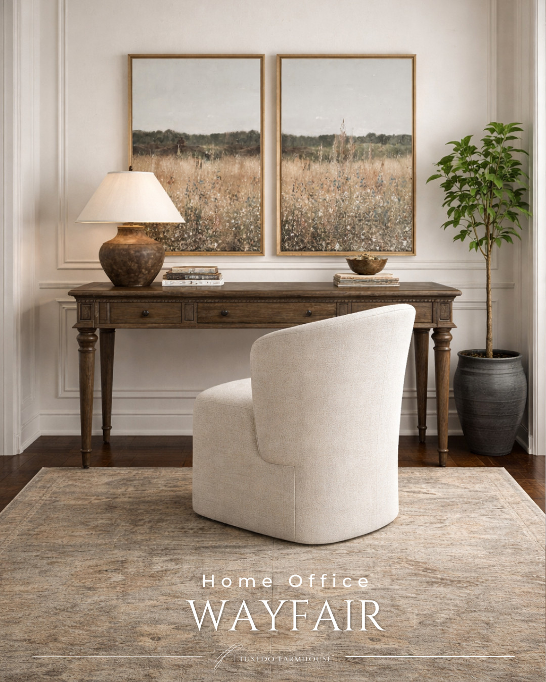 A beautifully balanced writing desk anchors the space, paired with an upholstered swivel chair in a soft neutral that feels both inviting and refined. You can add a ceramic table lamp to bring a earthy warmth, while the muted vintage-style area rug adds depth and softness underfoot. 

 
