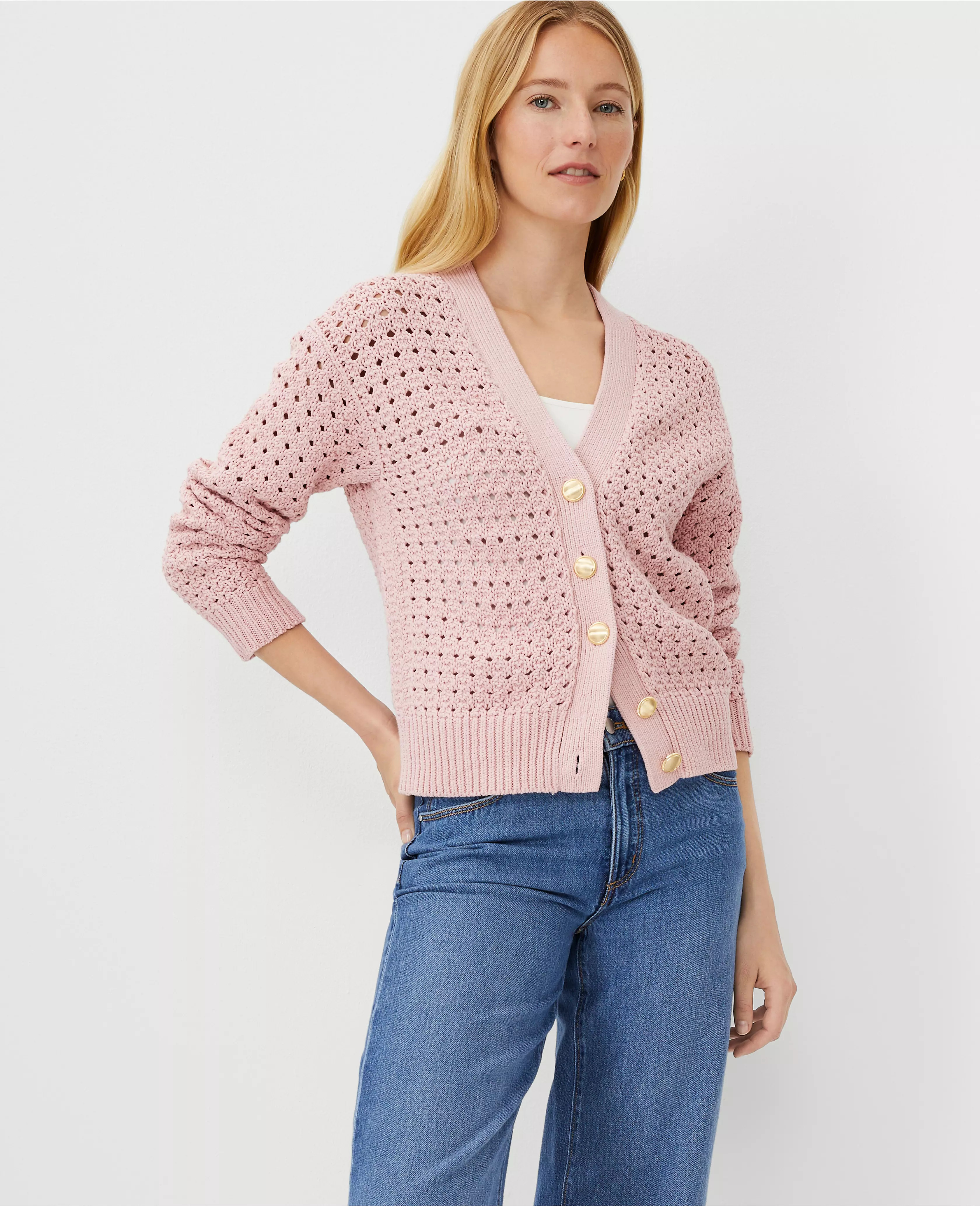 AT Weekend Mesh Stitch Wedge Cardigan | Ann Taylor (US)