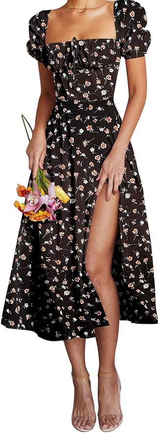 Linsery Women's Puff Sleeve Floral Maxi Dress Elegant Square Neck Cottagecore Boho Split Long Dre... | Amazon (US)