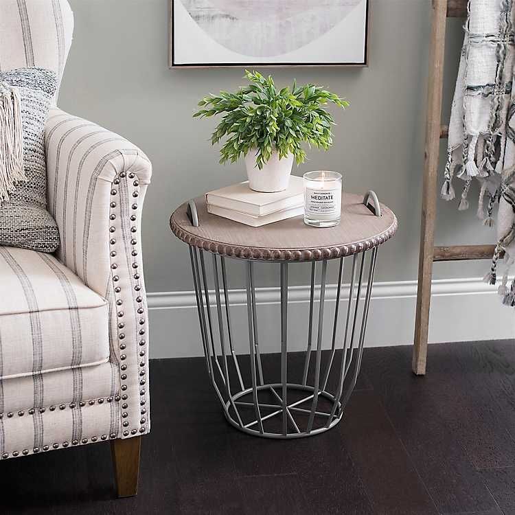Gray Wire Basket Table with Beaded Wood Top | Kirkland's Home