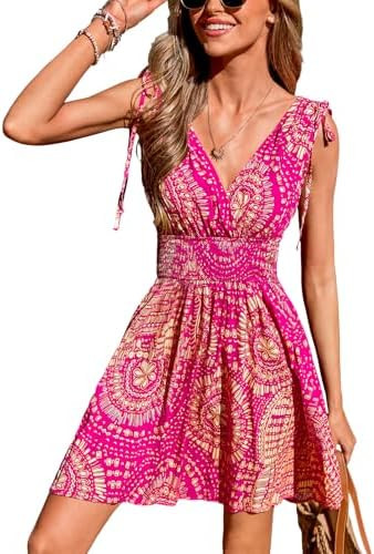 CUPSHE Women's Summer Beach Mini Dress V Neck Sleeveless Paisley Printed Smocked Waist Short Dres... | Amazon (US)