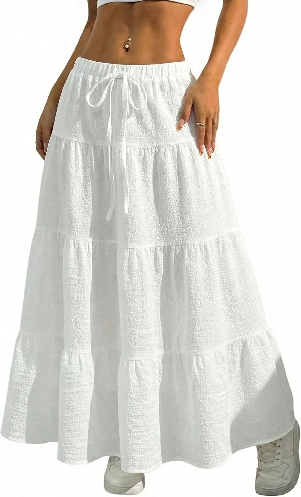 Verdusa Women's Long Maxi Skirt 2026 Boho Flowy Flared Ruffle Skirts Beach Vacation Spring Going ... | Amazon (US)
